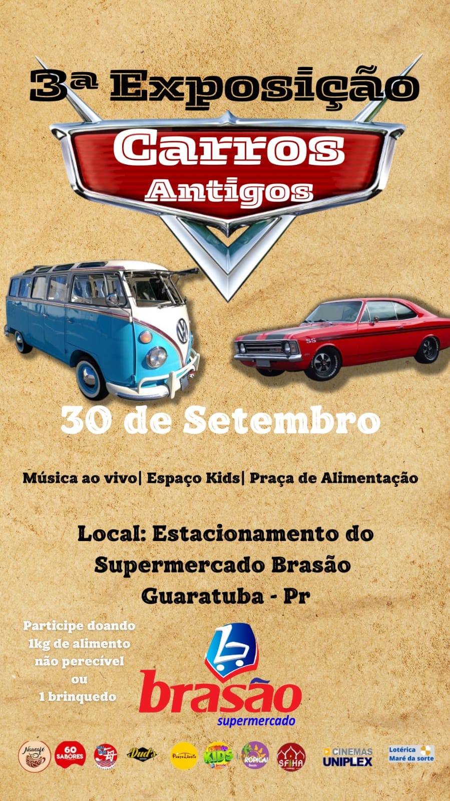 Vem aí a terceira exposição de carros antigos no pátio do Brasão Supermercados